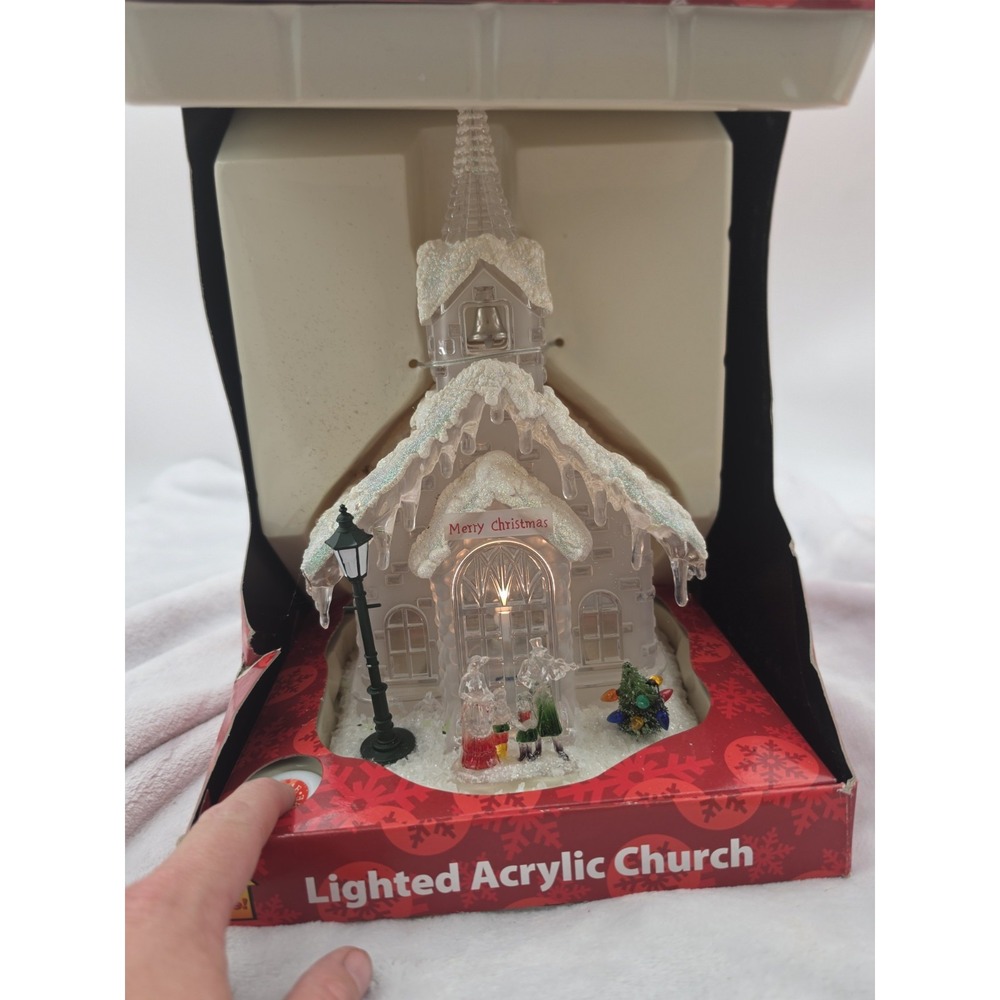 Vtg Nos Christmas Lighted Church Chapel Heavy Clear Glass Snowy Plug In 12."